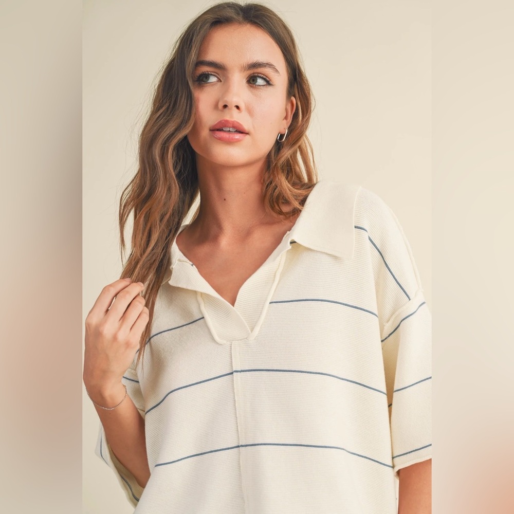Miou Muse Relaxed Knit Striped Collared Polo Top